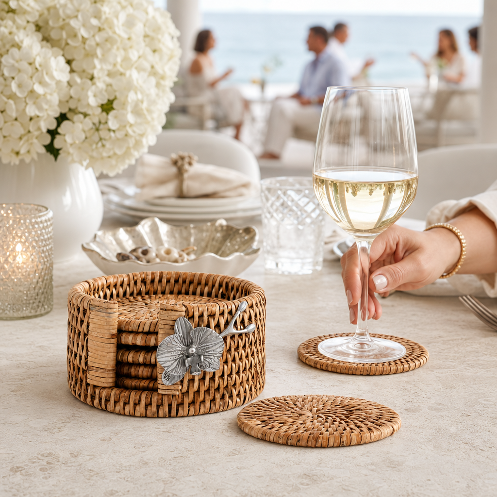 Orchid Hand Woven Wicker Rattan Coaster Set - 6 Coasters