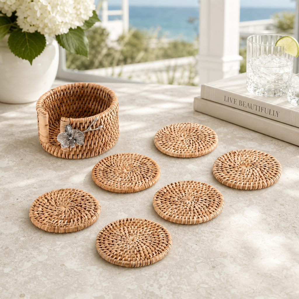 Orchid Hand Woven Wicker Rattan Coaster Set - 6 Coasters