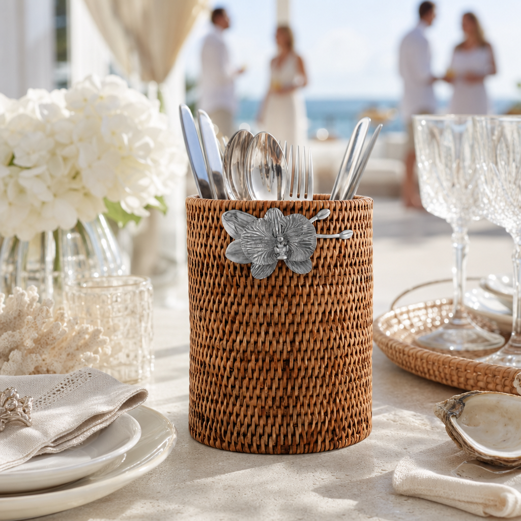 Orchids Hand Woven Wicker Rattan Utensils Holder