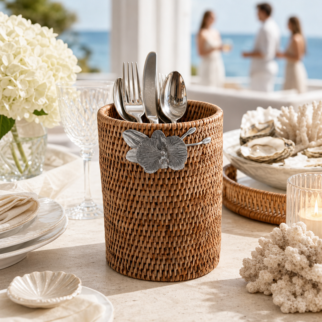 Orchids Hand Woven Wicker Rattan Utensils Holder