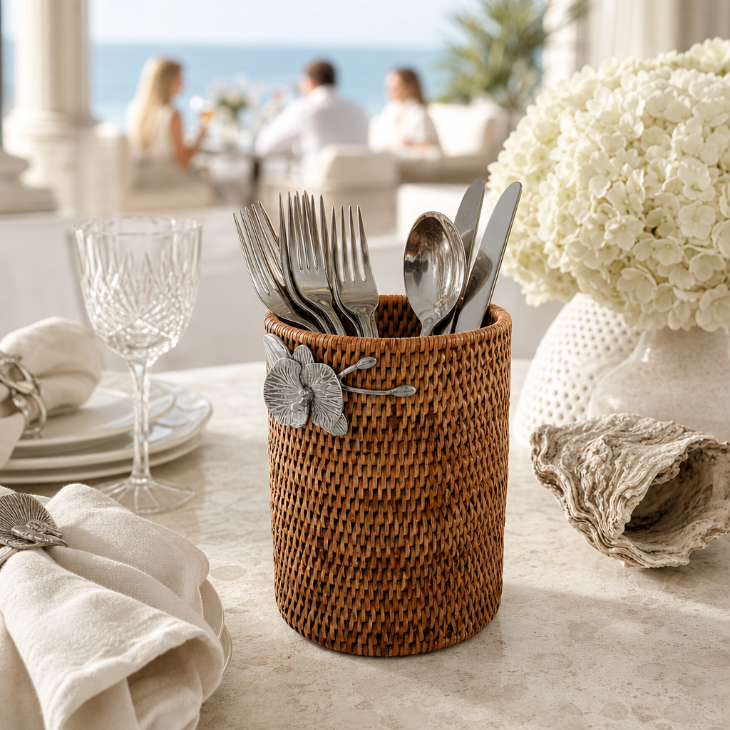 Orchids Hand Woven Wicker Rattan Utensils Holder