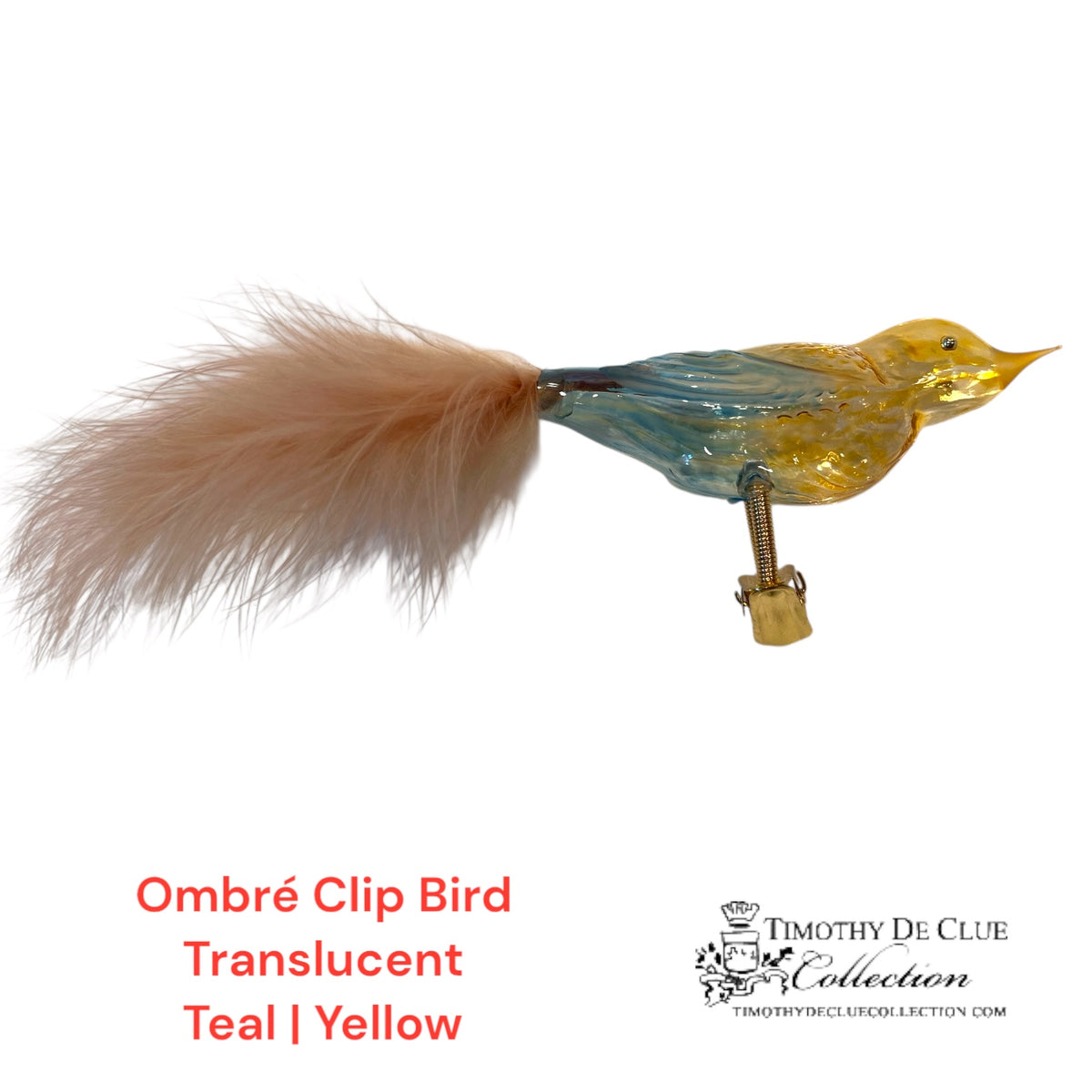 Hombre Translucent Glass Bird Clip Teal/Yellow Christmas Ornament