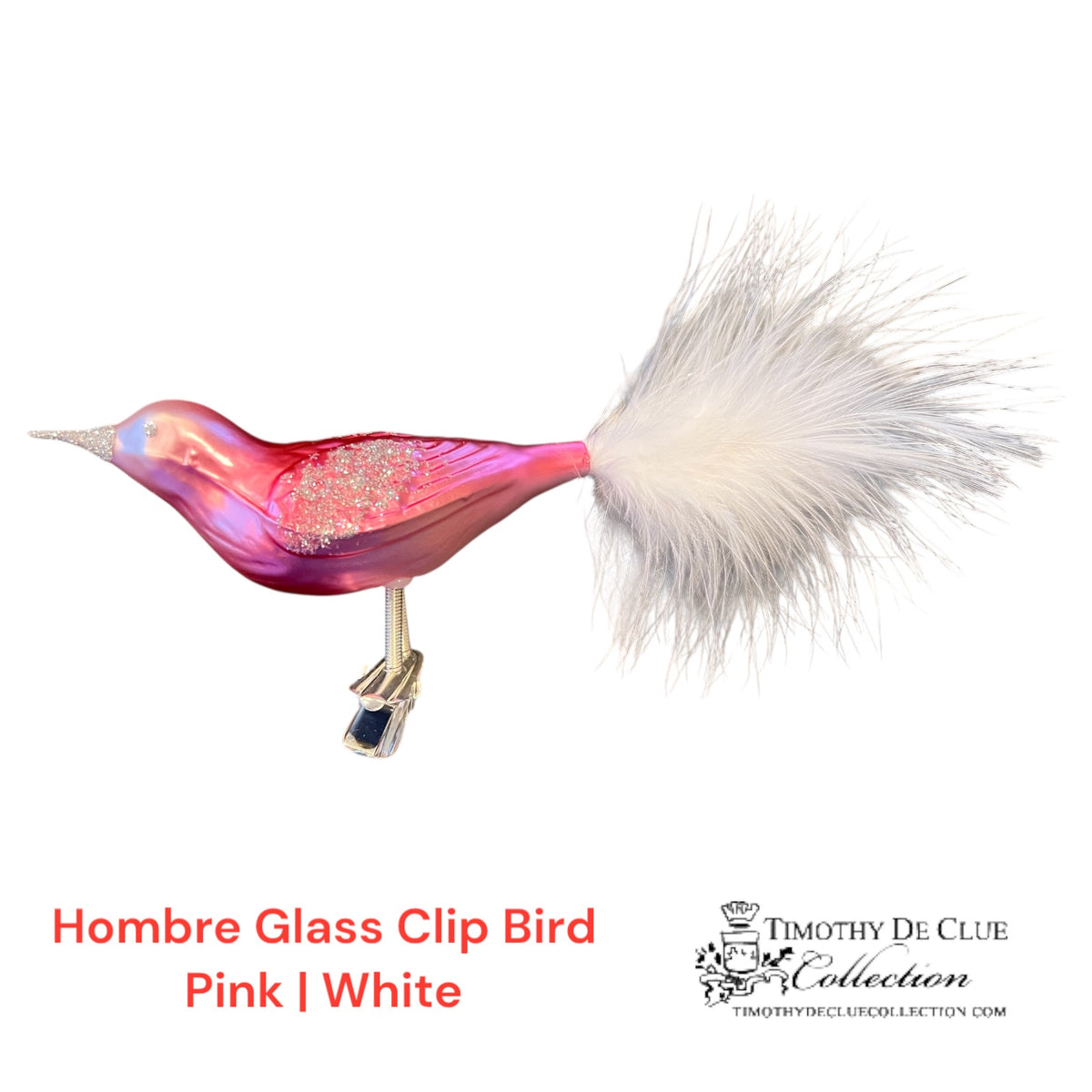 Hombre Glass Bird Clip Pink/White Christmas Ornament
