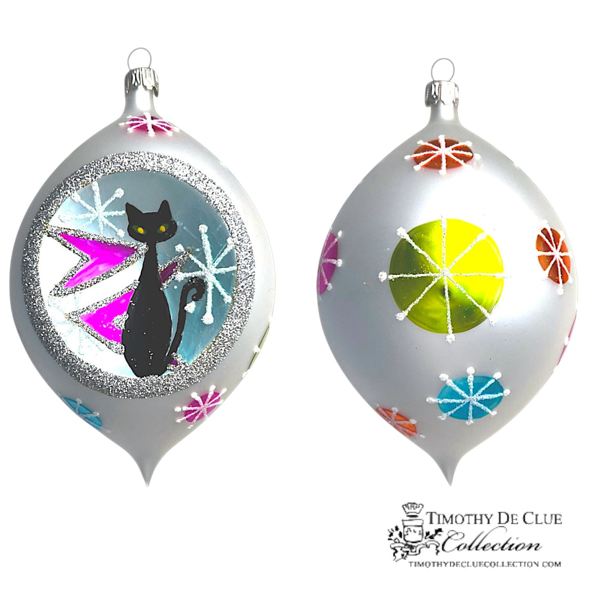 Boo Boo Kitty 3.25 in Tear Drop ornament, silver teardrop with black cat, magenta lightning, snowflakes, lime wheel design