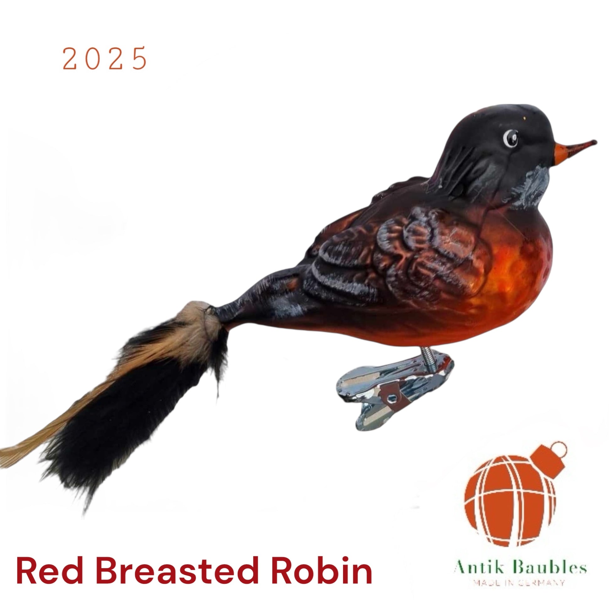 Red Breasted Robin Clip Bird feather Tail- Hand Blown Glass Christmas Ornament | Made in Germany