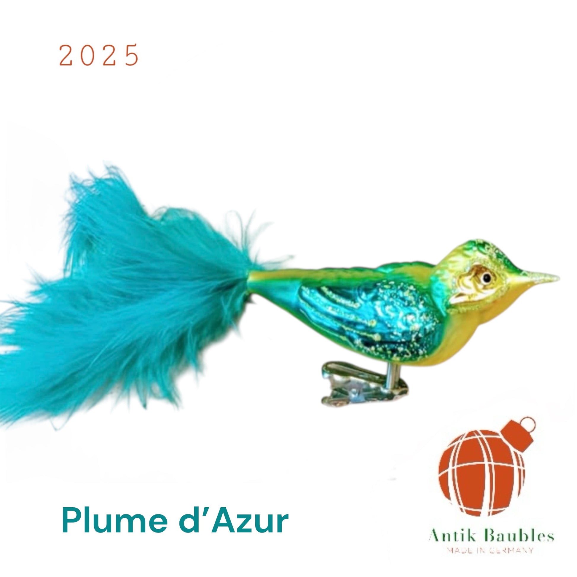 Plume d'Azur Clip Bird feather Tail- Hand Blown Glass Christmas Ornament | Made in Germany