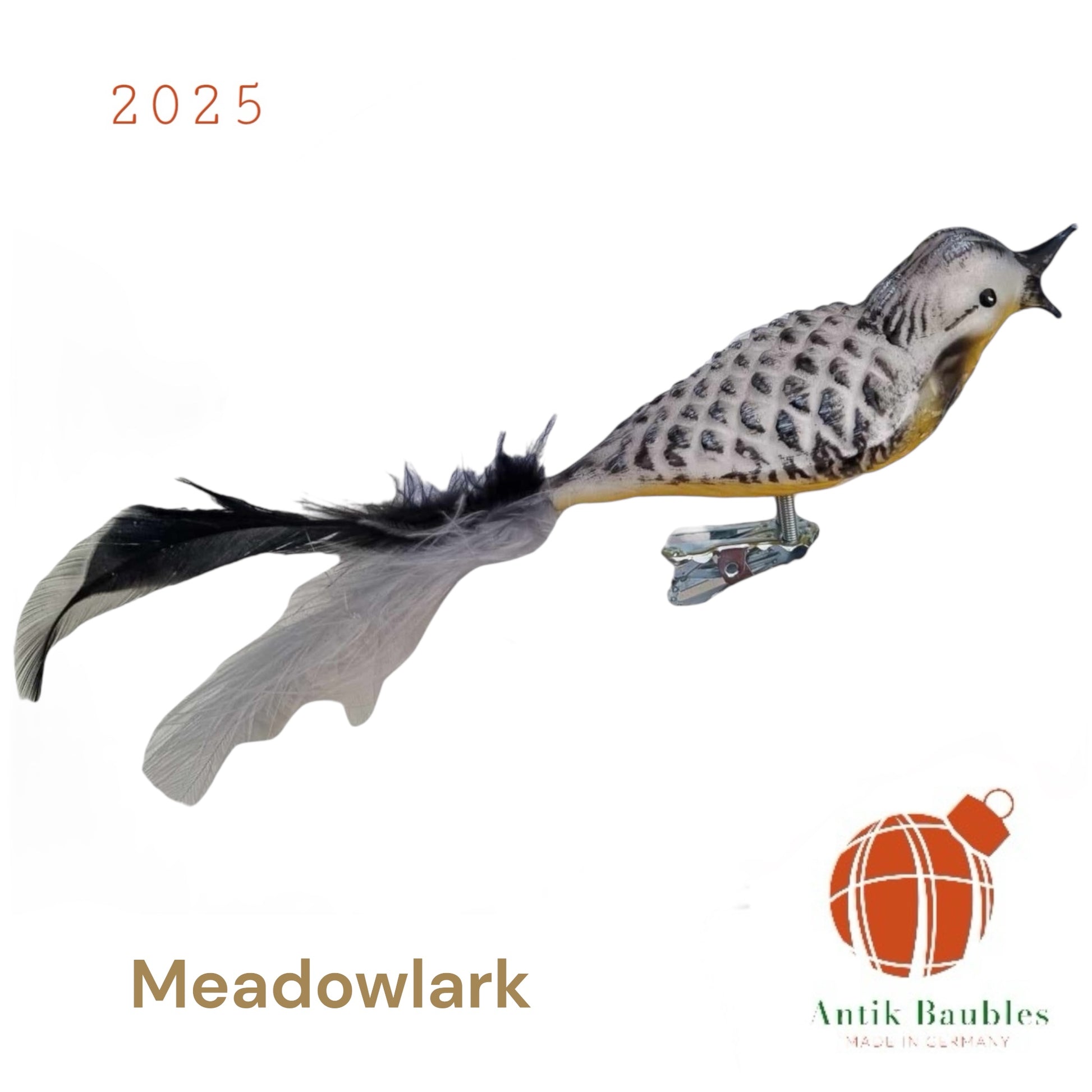 Meadowlark Clip Bird feather Tail- Hand Blown Glass Christmas Ornament | Made in Germany