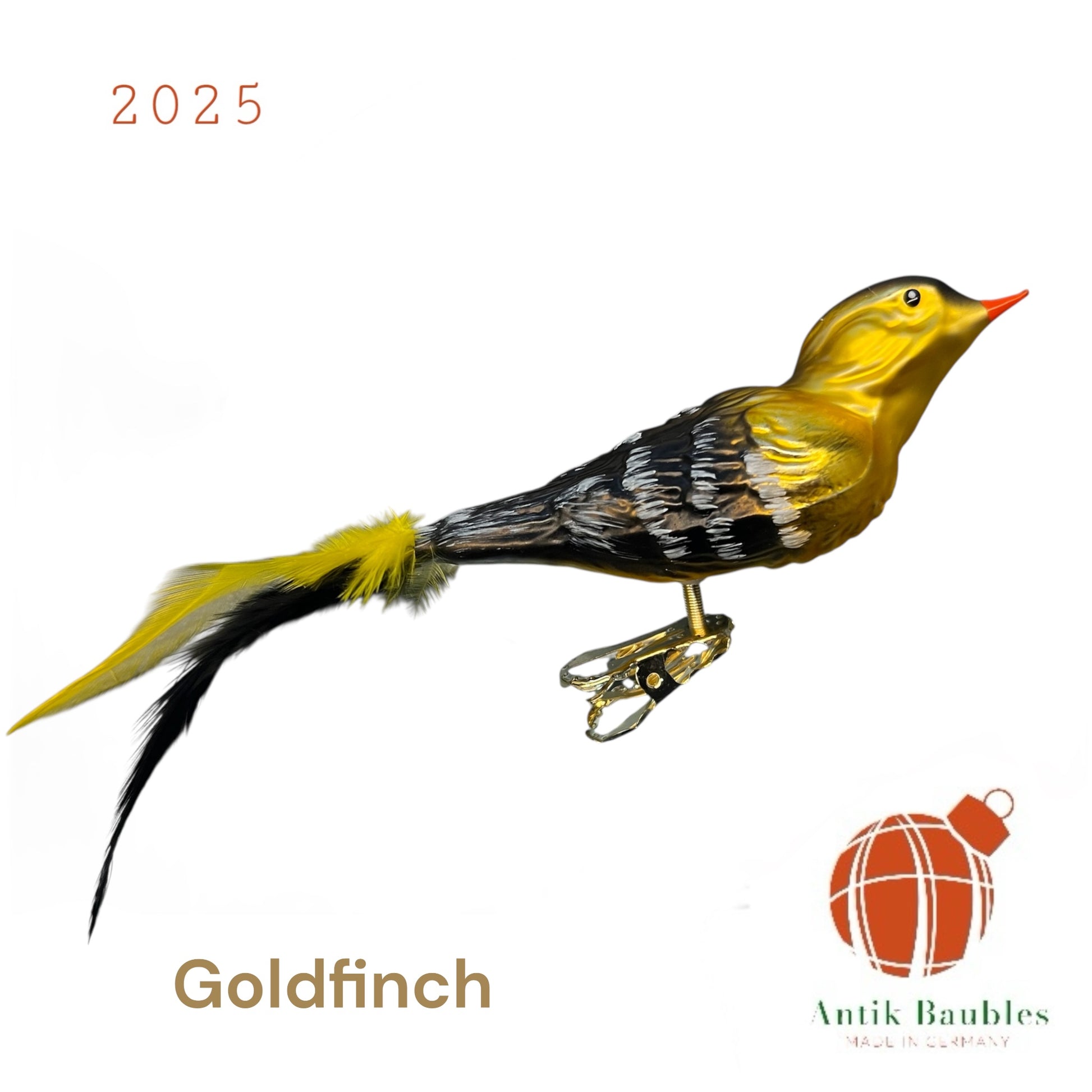 Goldfinch Clip Bird feather Tail- Hand Blown Glass Christmas Ornament | Made in Germany