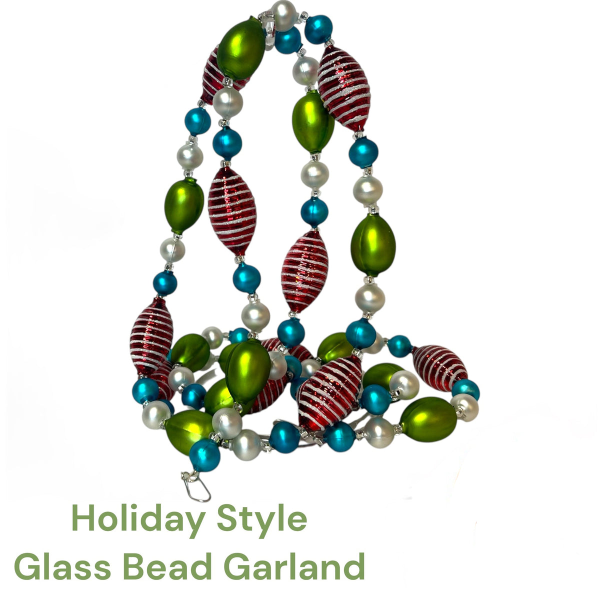 Colorful glass bead garland made in Czechia 6 feet long, red striped bead, teal, green and white