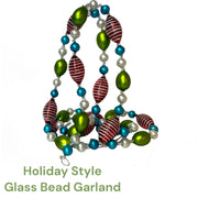 Colorful glass bead garland made in Czechia 6 feet long, red striped bead, teal, green and white