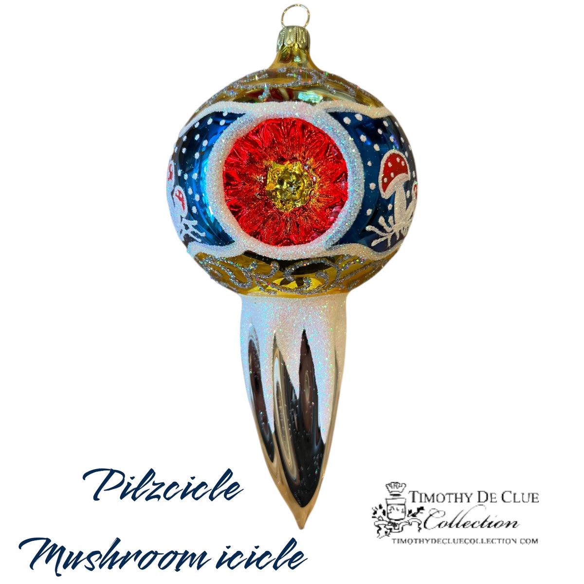 Pilzcicle Mushroom Icicle Indent Blue- German Glass Ornament Christmas Collection