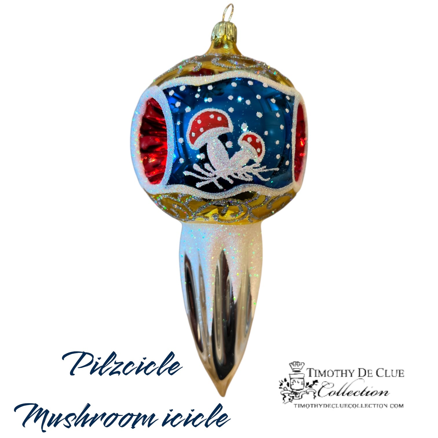 Pilzcicle Mushroom Icicle Indent Blue- German Glass Ornament Christmas Collection