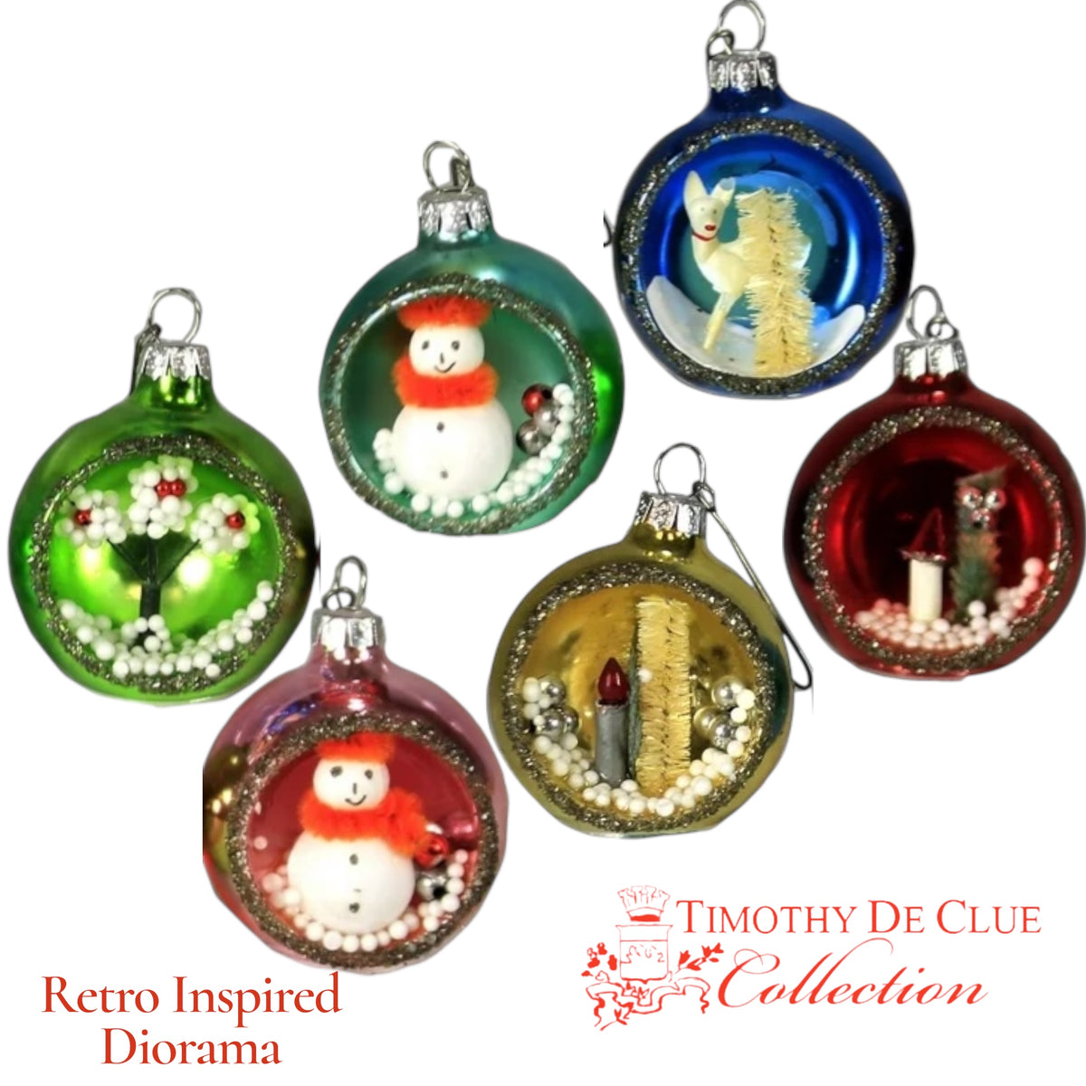 Collection of retro-inspired diorama Christmas ornaments with various scenes and colors.

