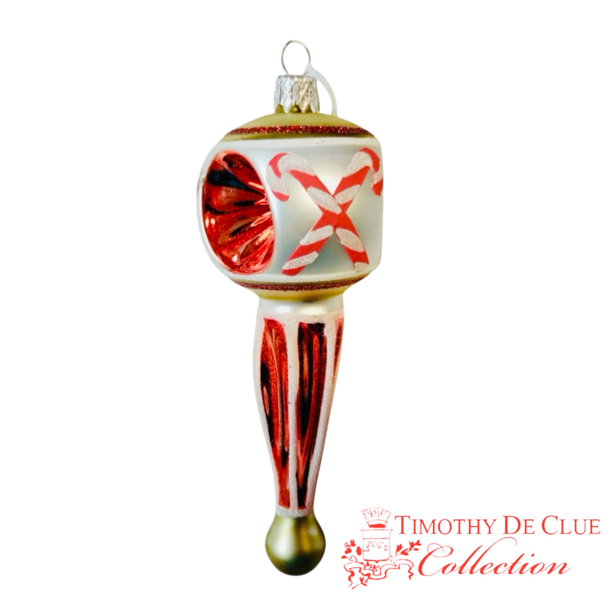 Candy Cane Crossing ornament, red and white striped bulb with gold accents