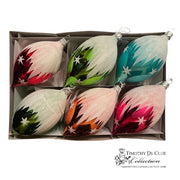 Celestial Frost Ornament Set 6 in packaging, six teardrop baubles with cream glitter, red, green, teal, orange and pink designs with star details.