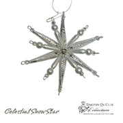 Celestial Snow Star silver beaded ornament with eight pointed arms and pearl accents, hanging decoration