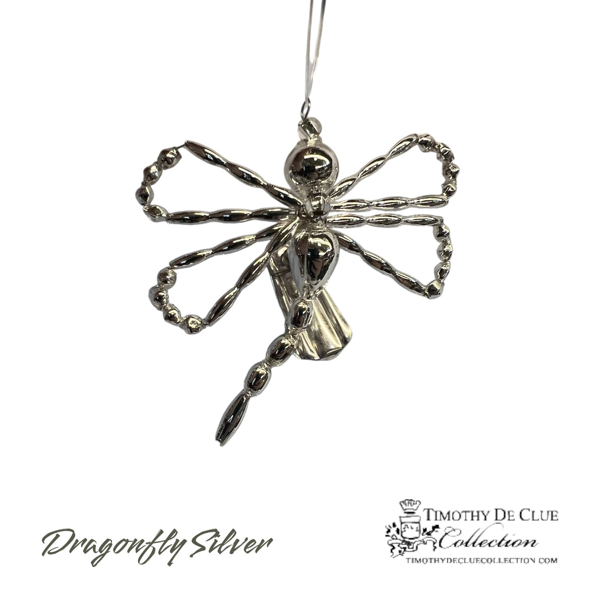 Dragonfly Silver beaded ornament with bell and ribbon hanger, Timothy De Clue Collection