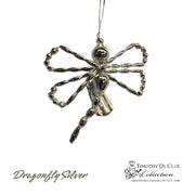 Dragonfly Silver beaded ornament with bell and ribbon hanger, Timothy De Clue Collection