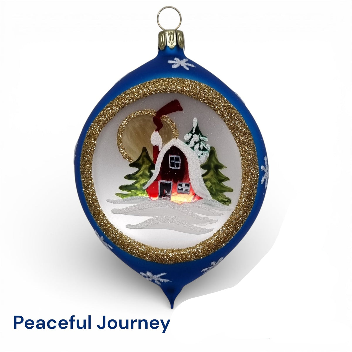 Decorative Christmas ornament with a house and trees design, featuring snowy country scene designed by Timothy De Clue