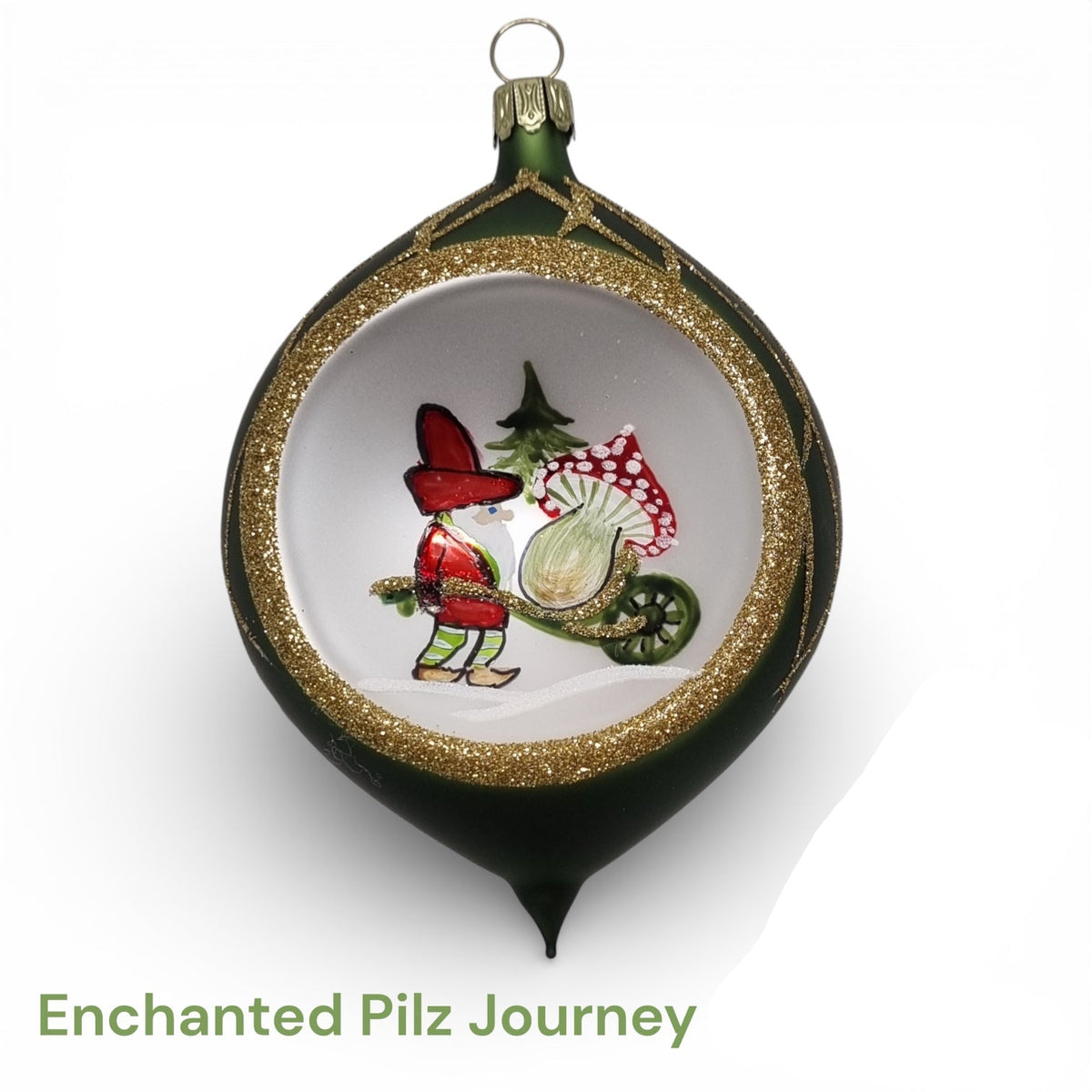 A cheerful woodland gnome sets off on an adventure, wheeling home a magical red-capped Pilz (German for Mushroom) beneath a winter pine. designed By Timothy De Clue