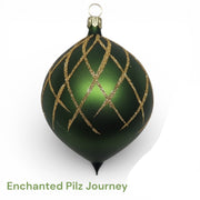 A cheerful woodland gnome sets off on an adventure, wheeling home a magical red-capped Pilz (German for Mushroom) beneath a winter pine. Designed by Timothy De Clue