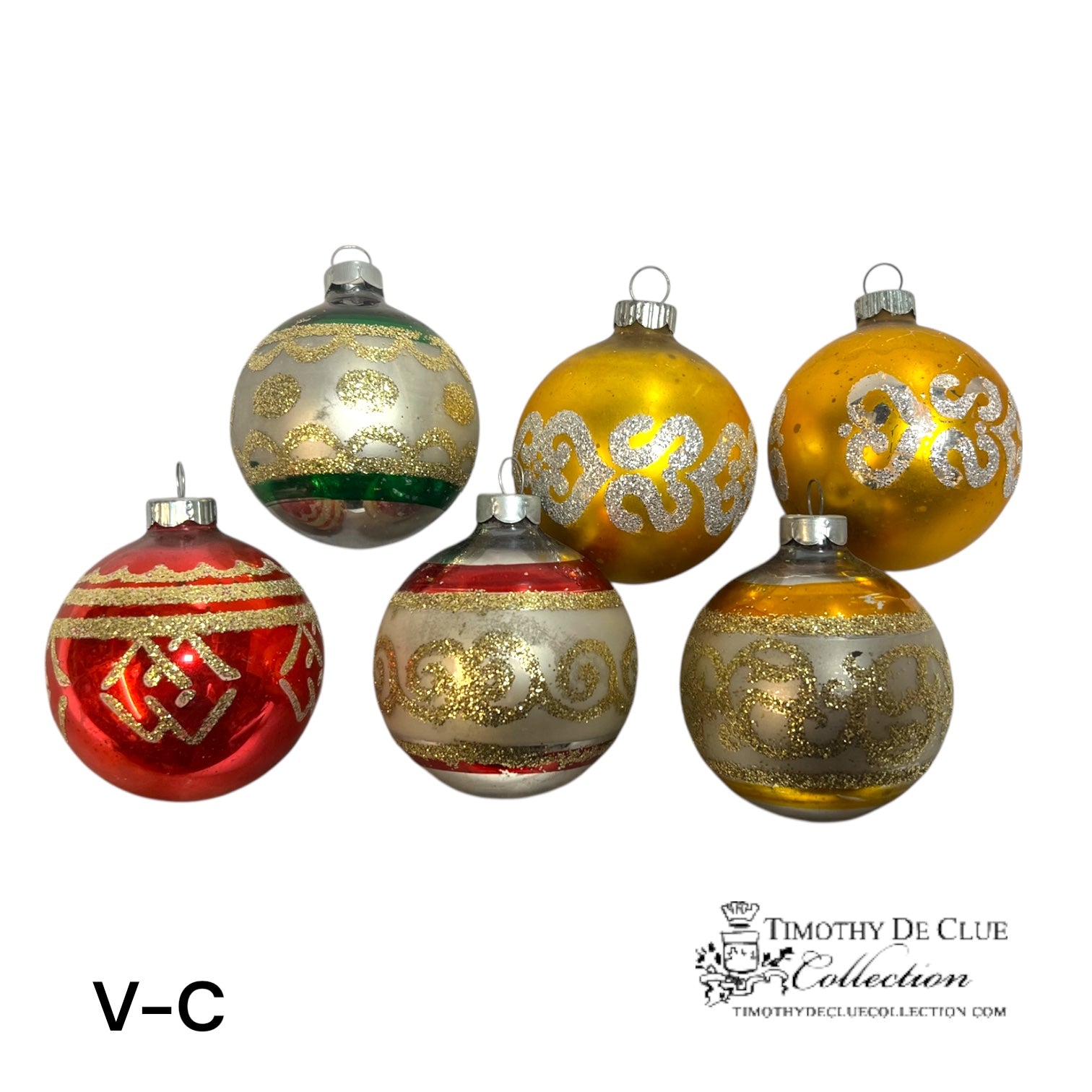 V-C Vintage Handblown Glitter Flocked Ornaments - Set of 6