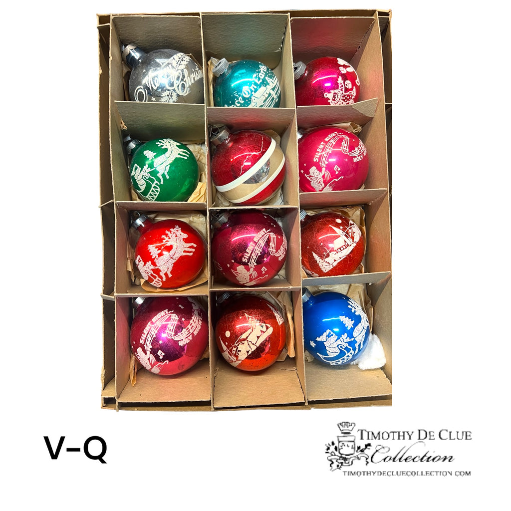 V-Q Vintage Shiny Brite Handblown Flocked Ornaments - Set of 12