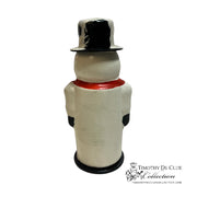 Snowman figurine with a black top hat and red band on a white background, featuring the Timothy De Clue Collection logo.