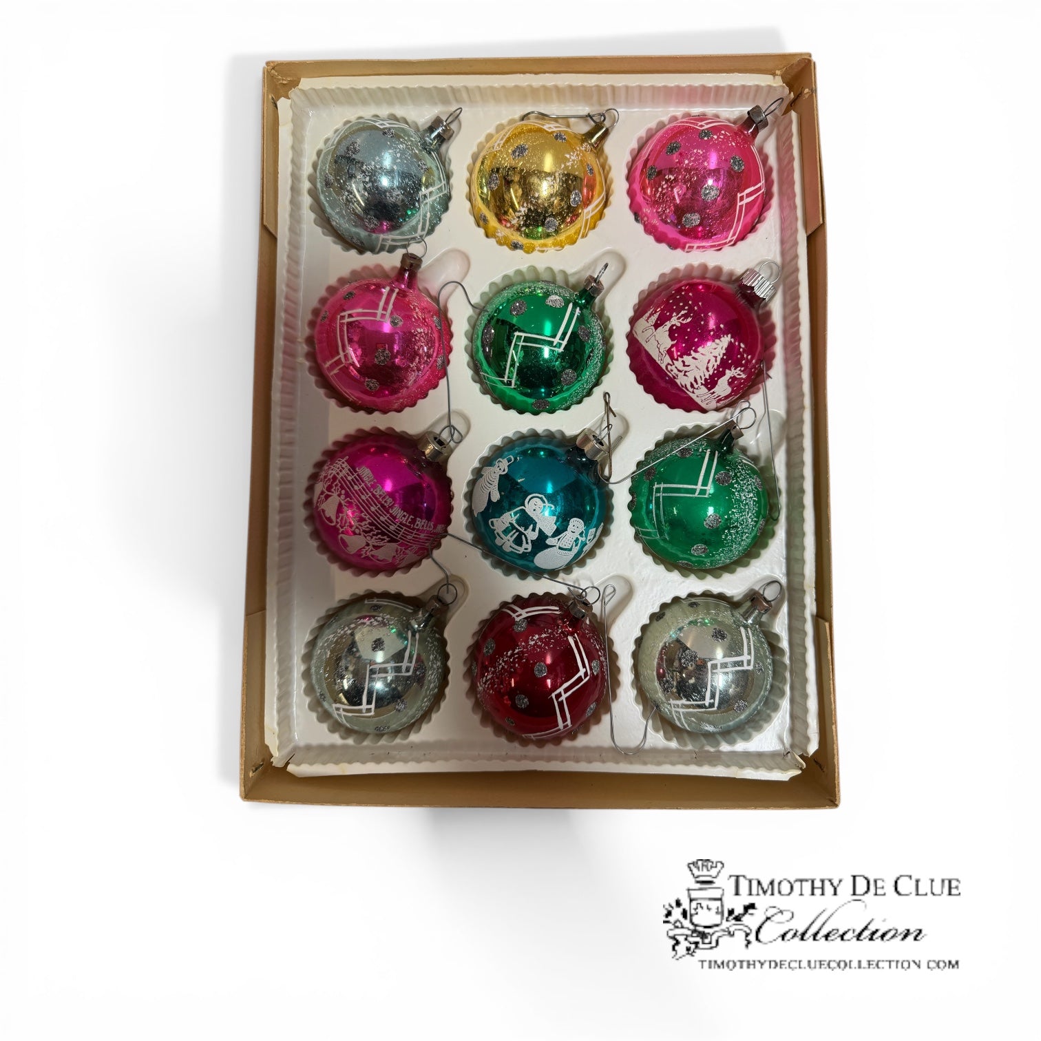 Assorted Vintage Flocked Ornaments - Set of 12