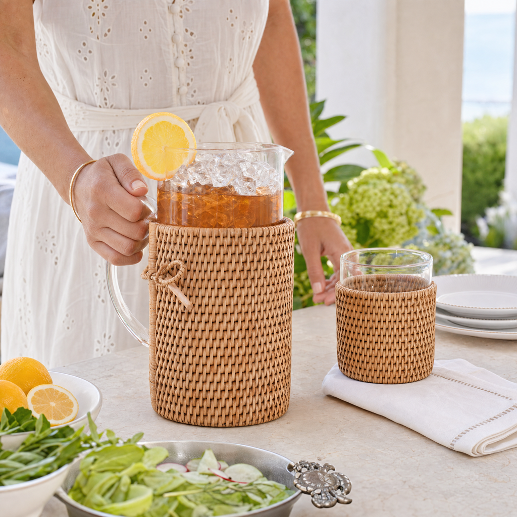 Glass Pitcher Hand Woven Wicker Natural Rattan Cover
