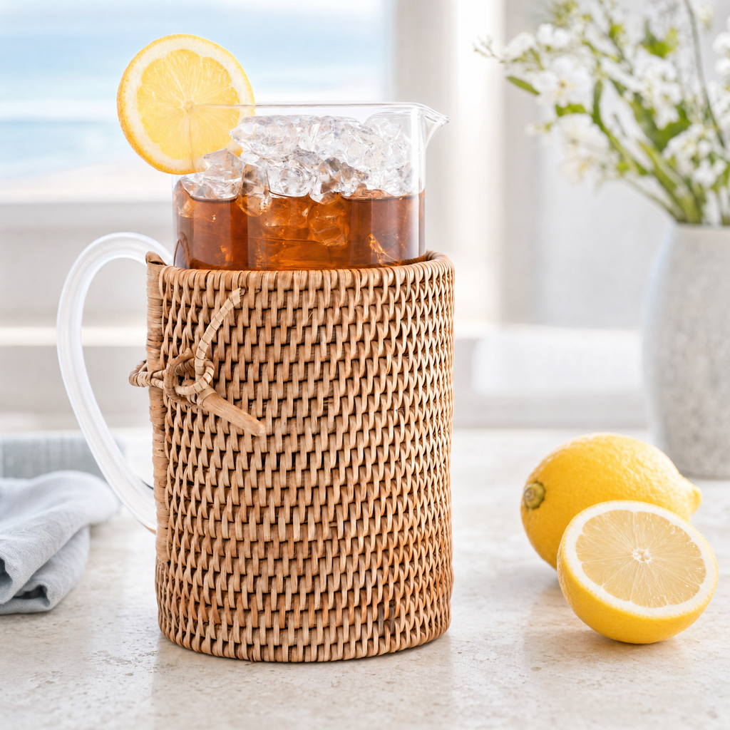 Glass Pitcher Hand Woven Wicker Natural Rattan Cover