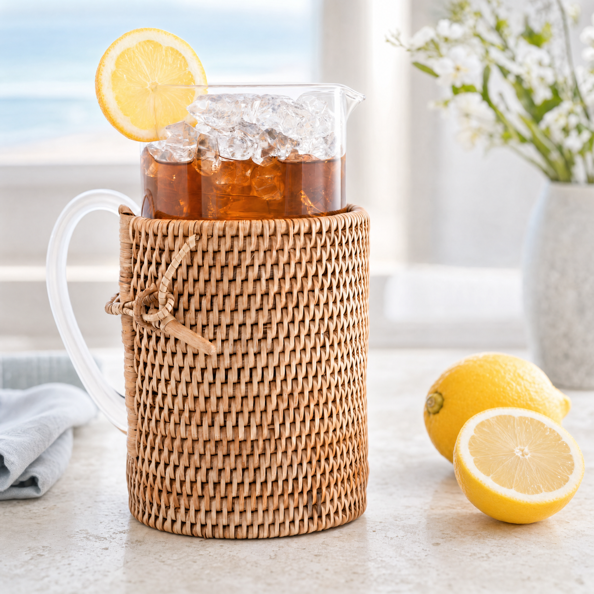 Glass Pitcher Hand Woven Wicker Natural Rattan Cover