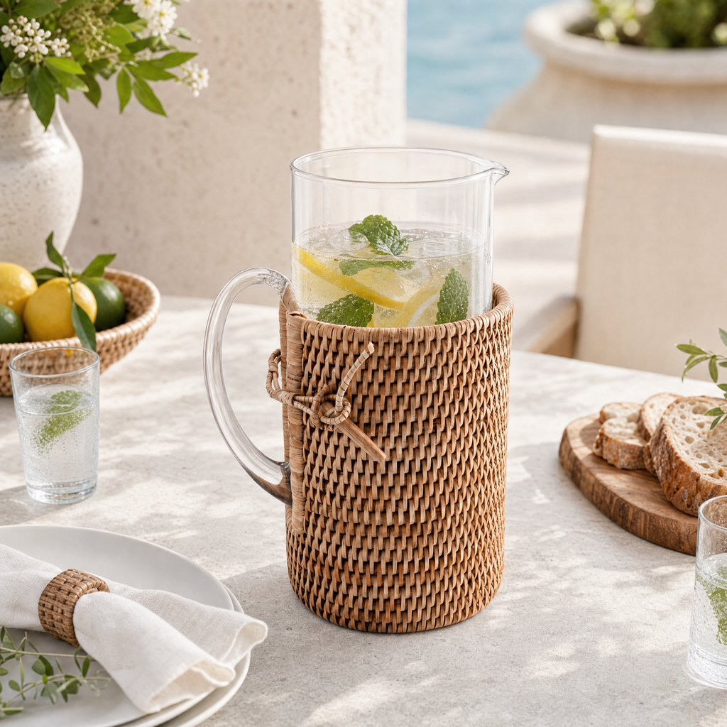 Glass Pitcher Hand Woven Wicker Natural Rattan Cover