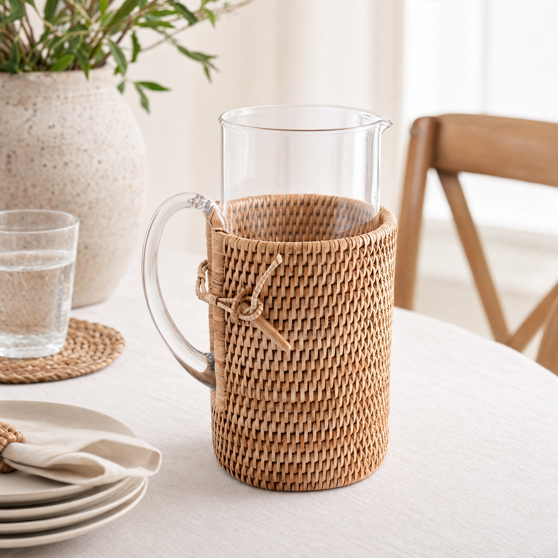 Glass Pitcher Hand Woven Wicker Natural Rattan Cover