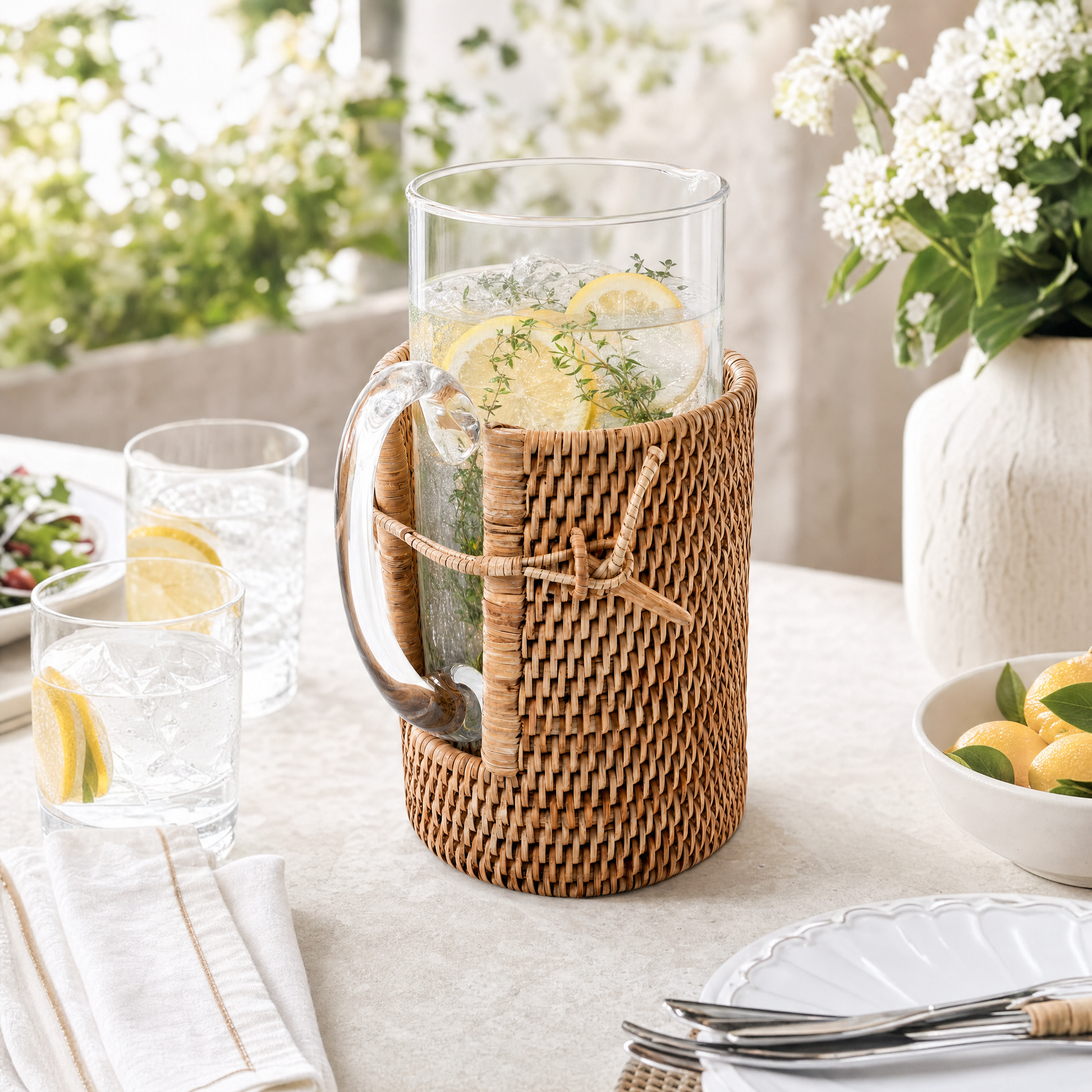 Glass Pitcher Hand Woven Wicker Natural Rattan Cover
