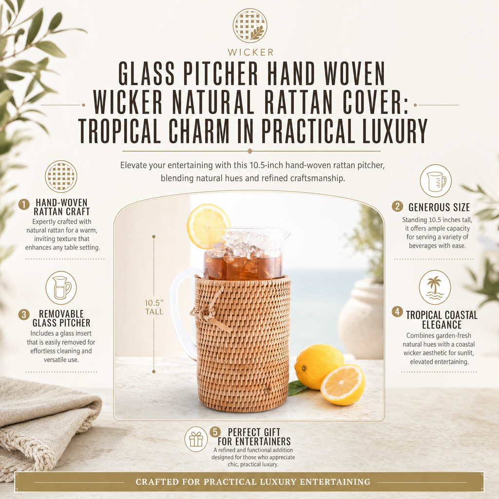 Glass Pitcher Hand Woven Wicker Natural Rattan Cover