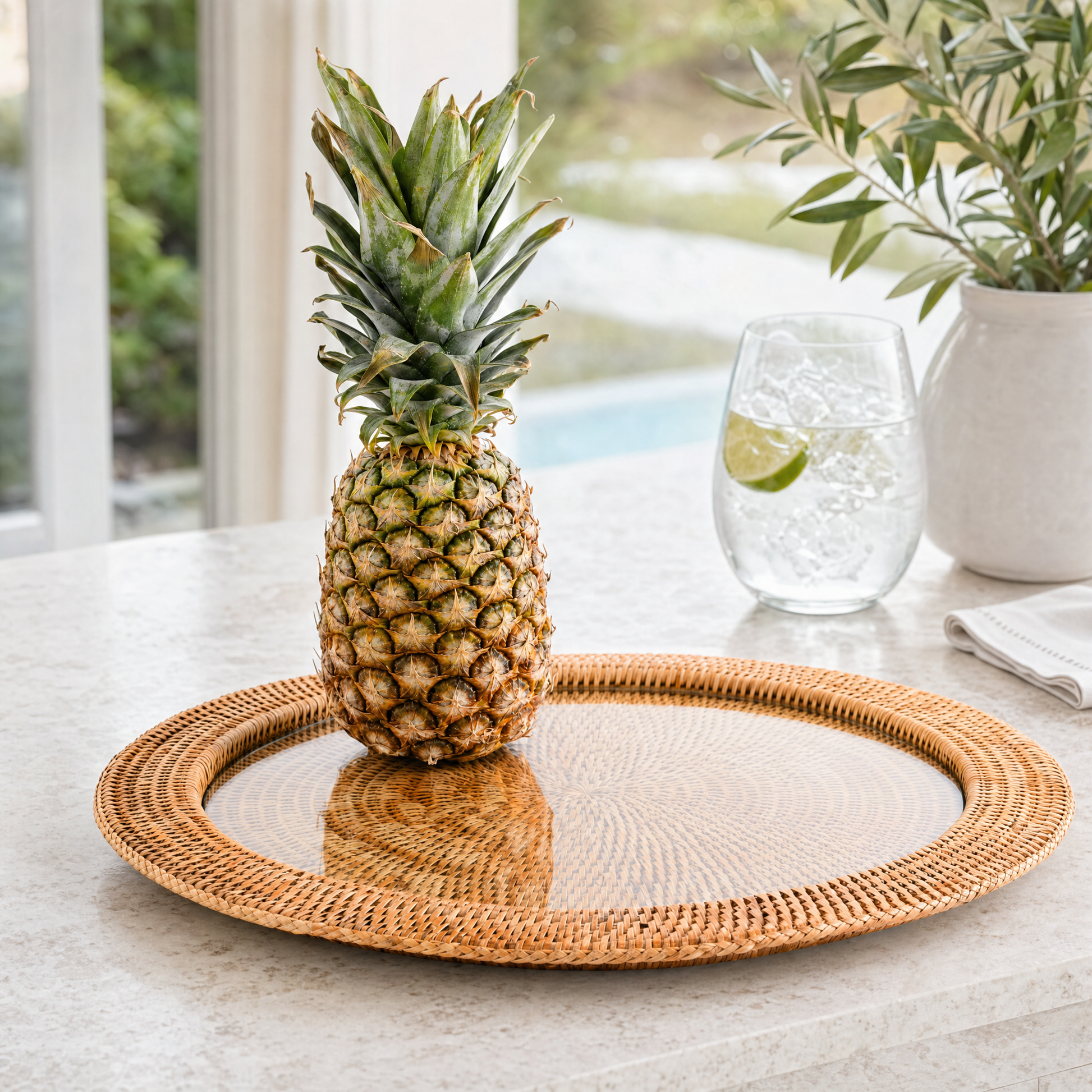 Round Serving Tray Hand Woven Wicker Rattan - Glass Insert