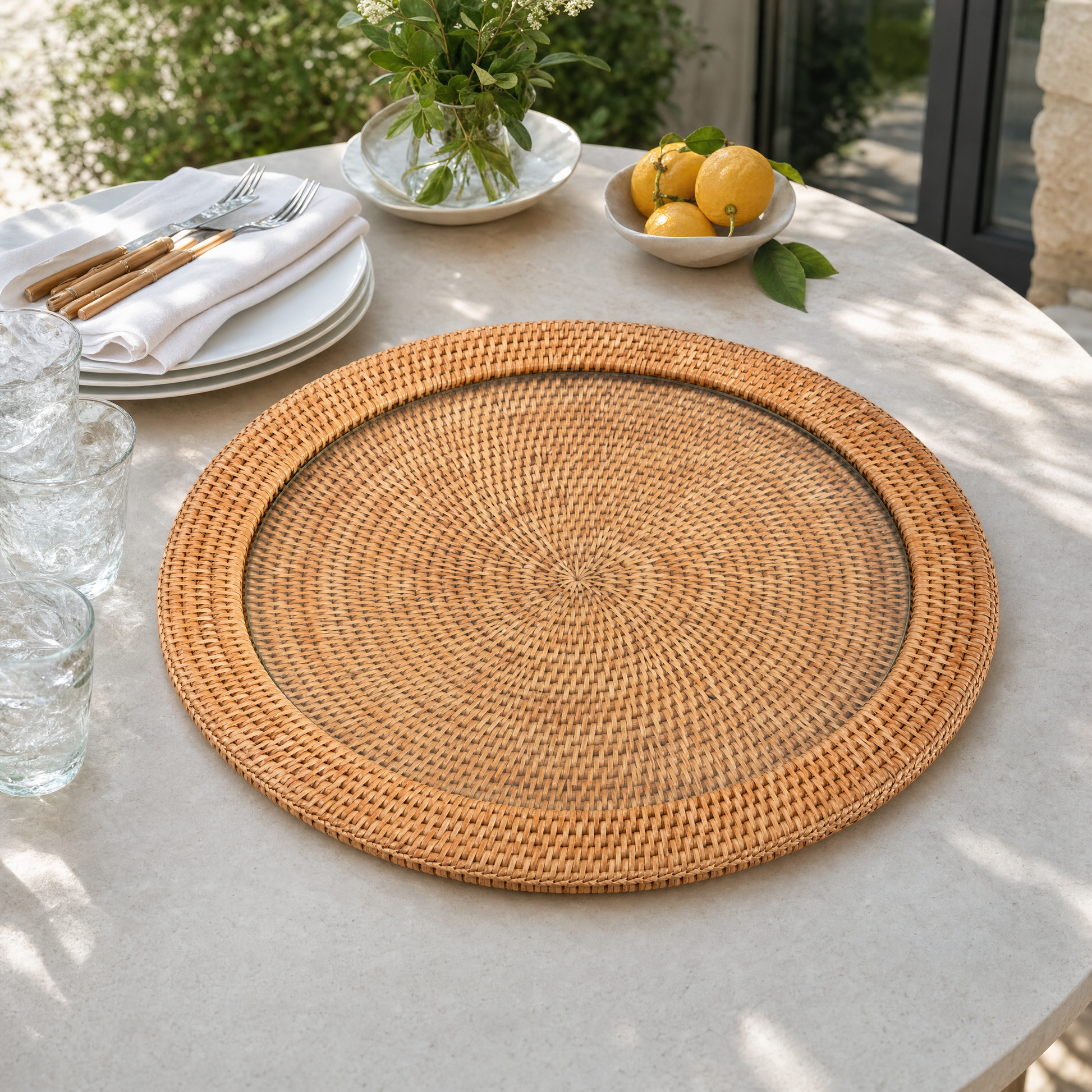 Round Serving Tray Hand Woven Wicker Rattan - Glass Insert