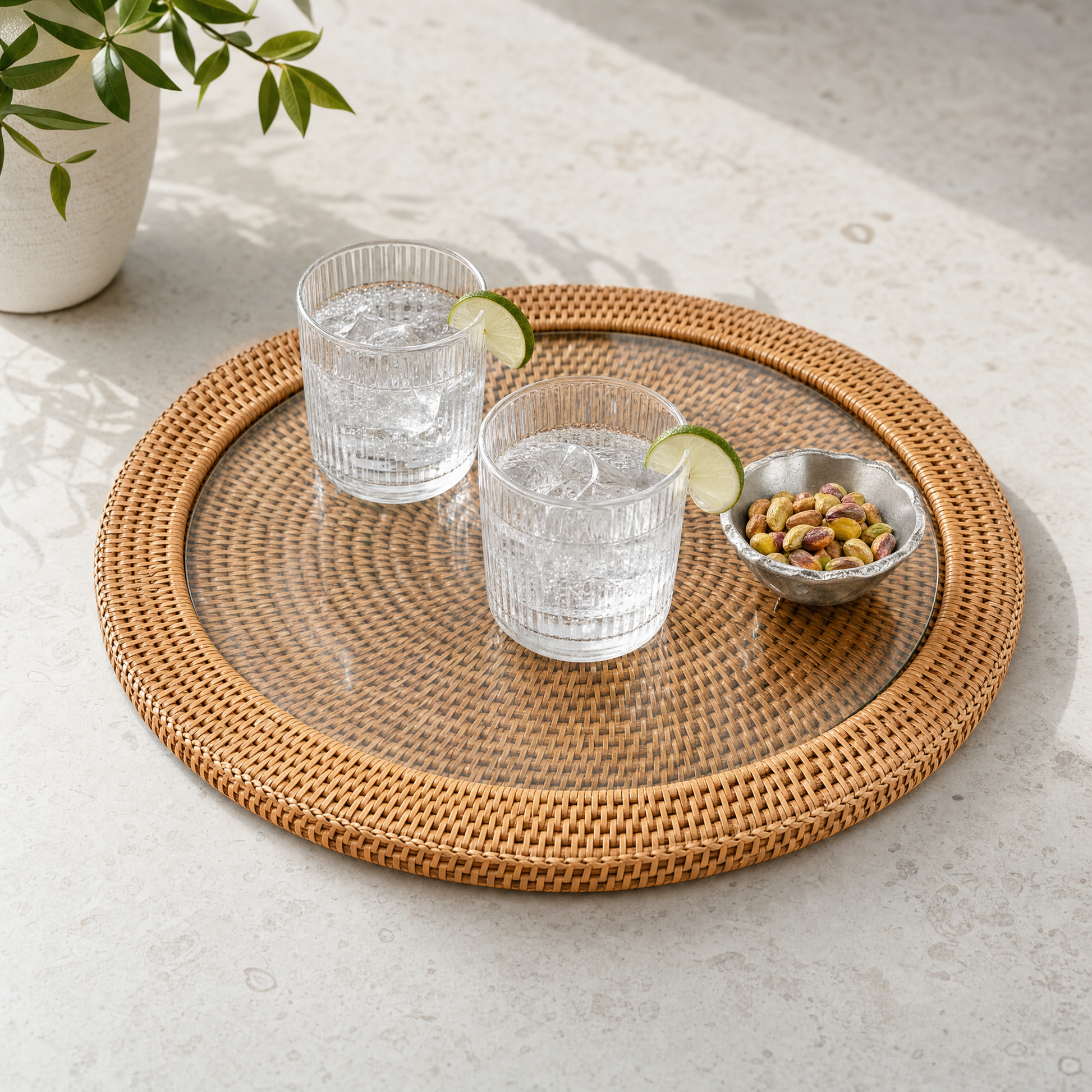 Round Serving Tray Hand Woven Wicker Rattan - Glass Insert