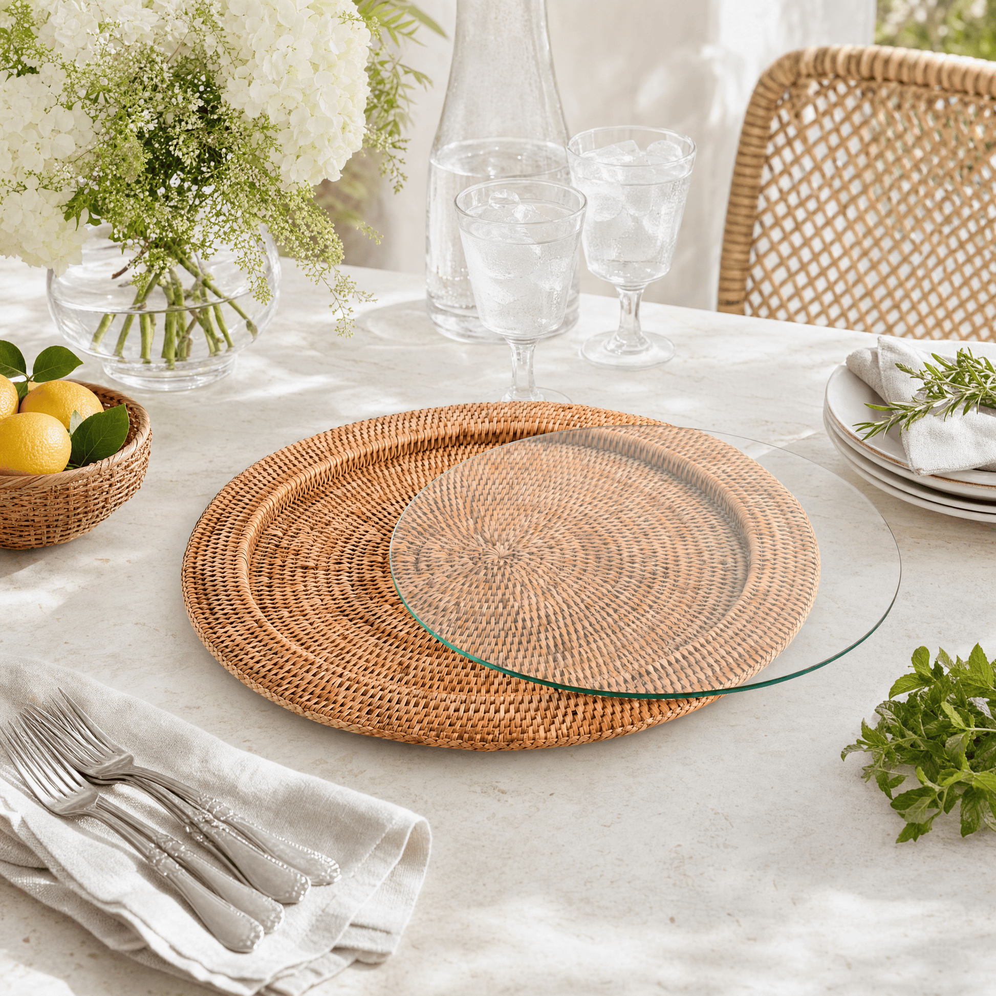Round Serving Tray Hand Woven Wicker Rattan - Glass Insert