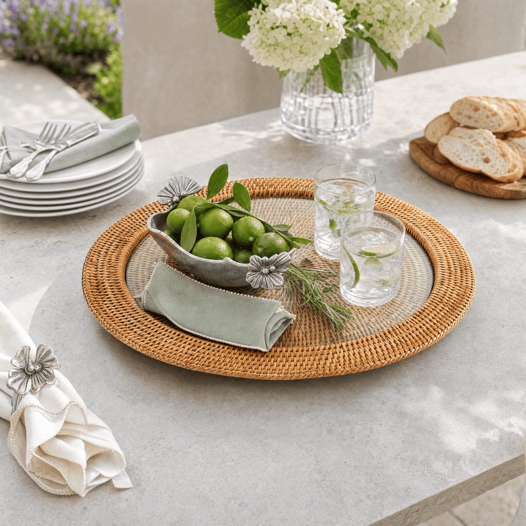 Round Serving Tray Hand Woven Wicker Rattan - Glass Insert