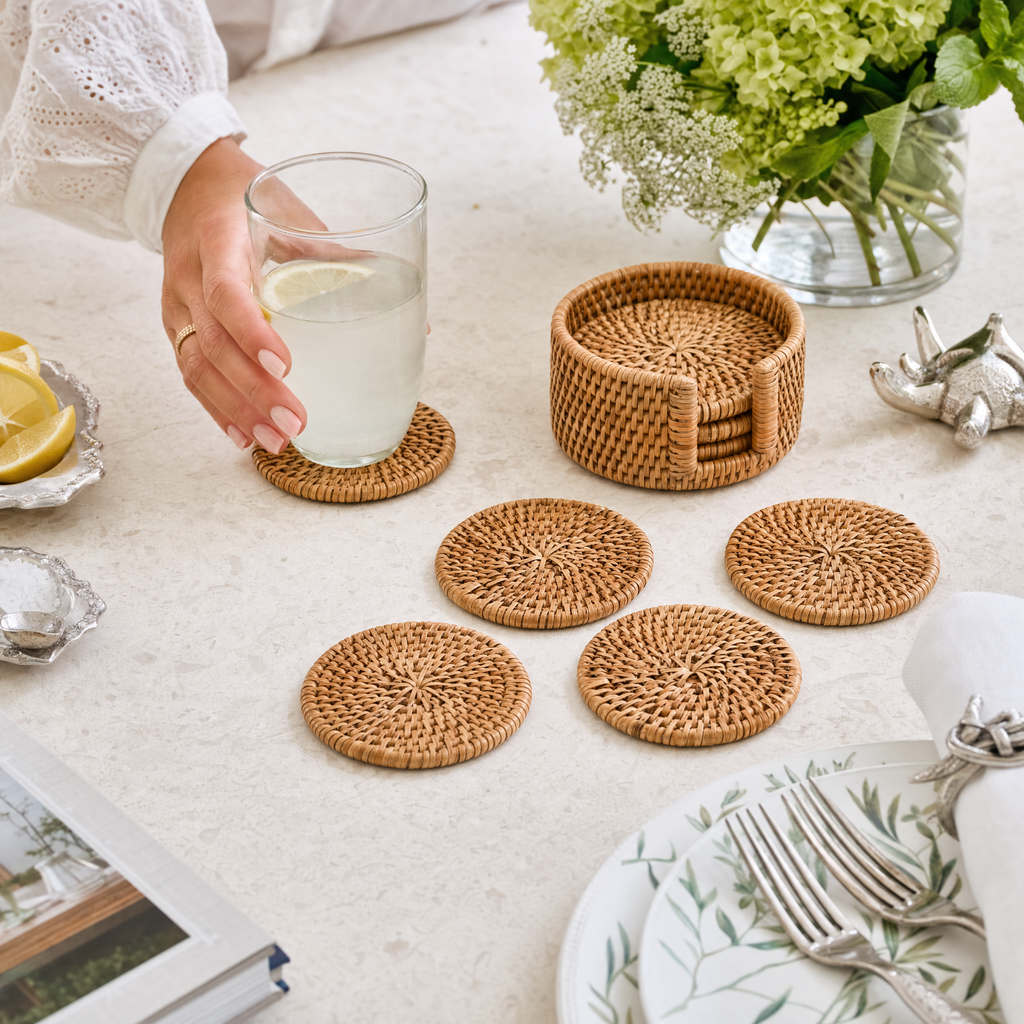 Hand Woven Rattan Wicker Coaster Set - 6 Coasters