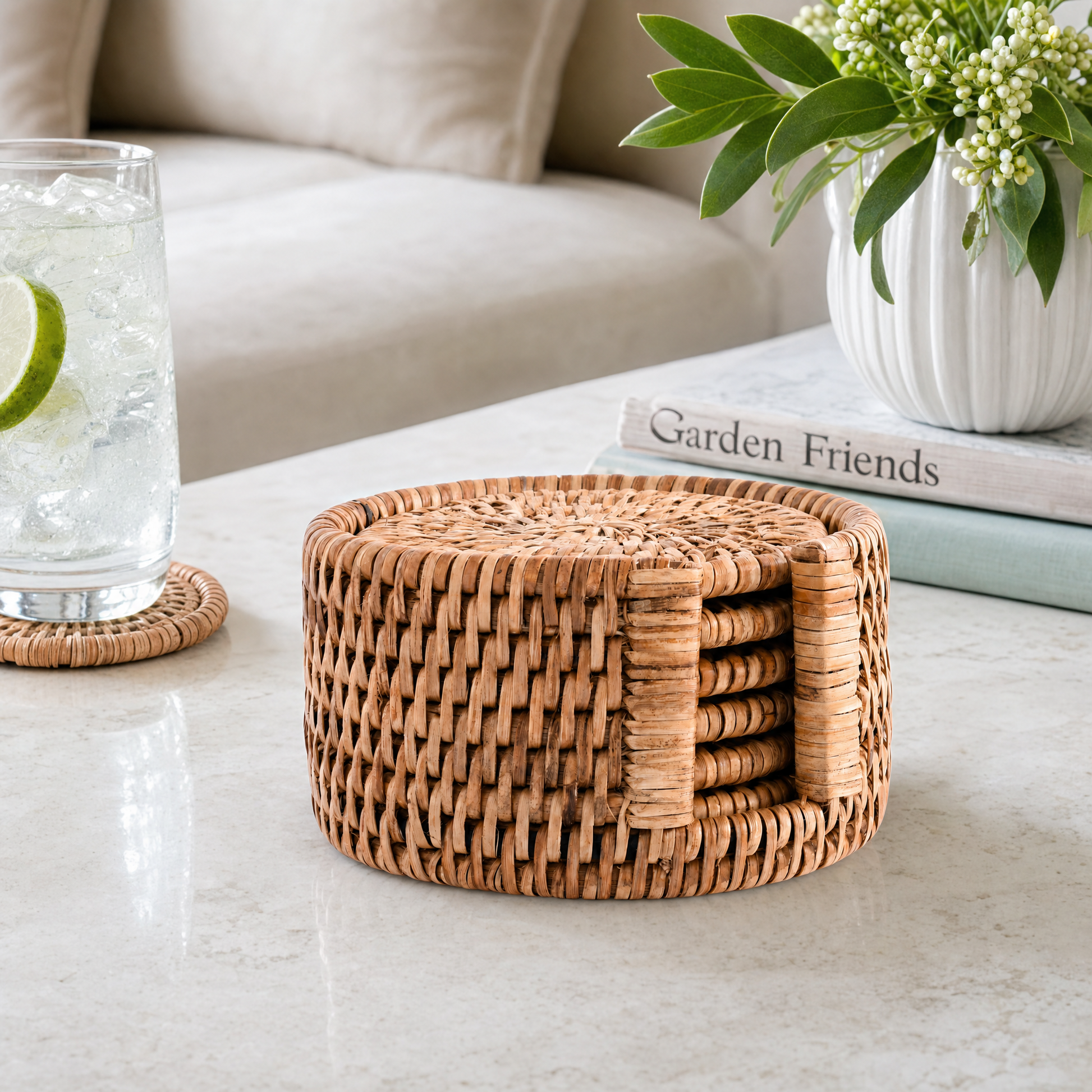 Hand Woven Rattan Wicker Coaster Set - 6 Coasters