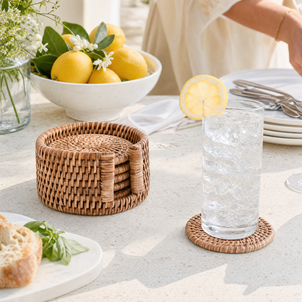 Hand Woven Rattan Wicker Coaster Set - 6 Coasters