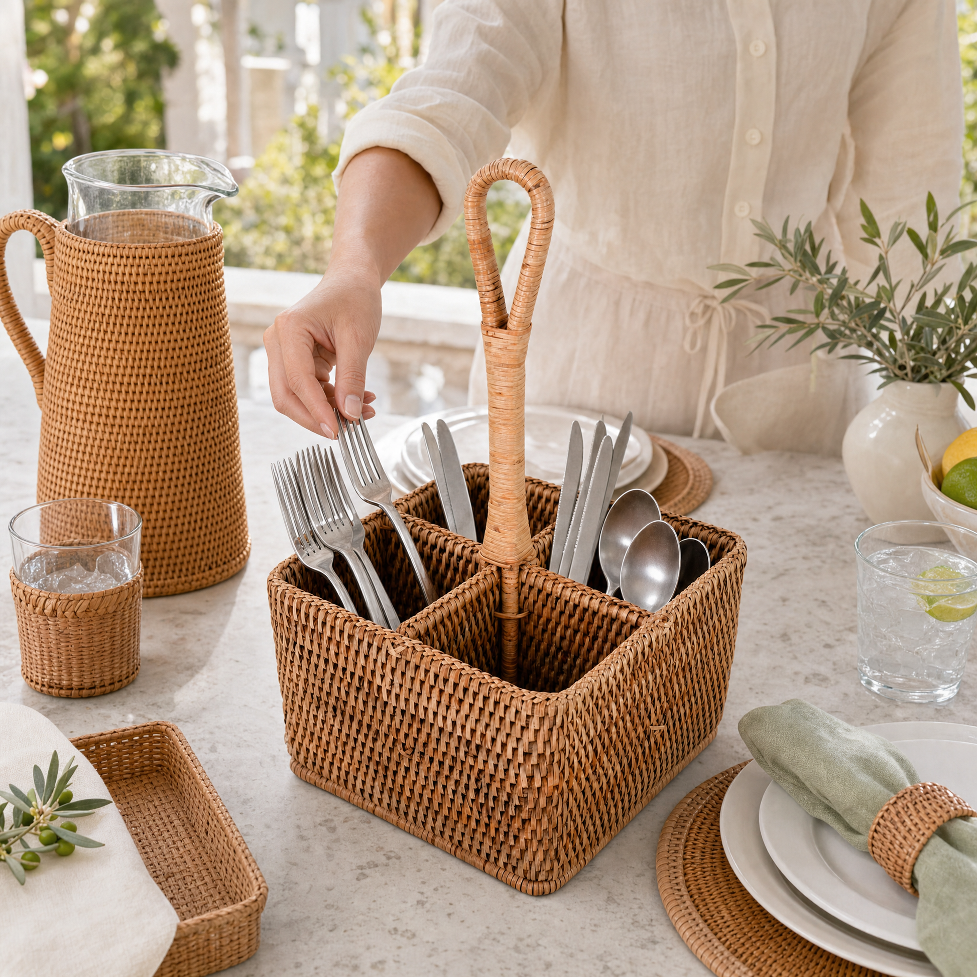 Hand Woven Rattan Wicker Flatware Caddy