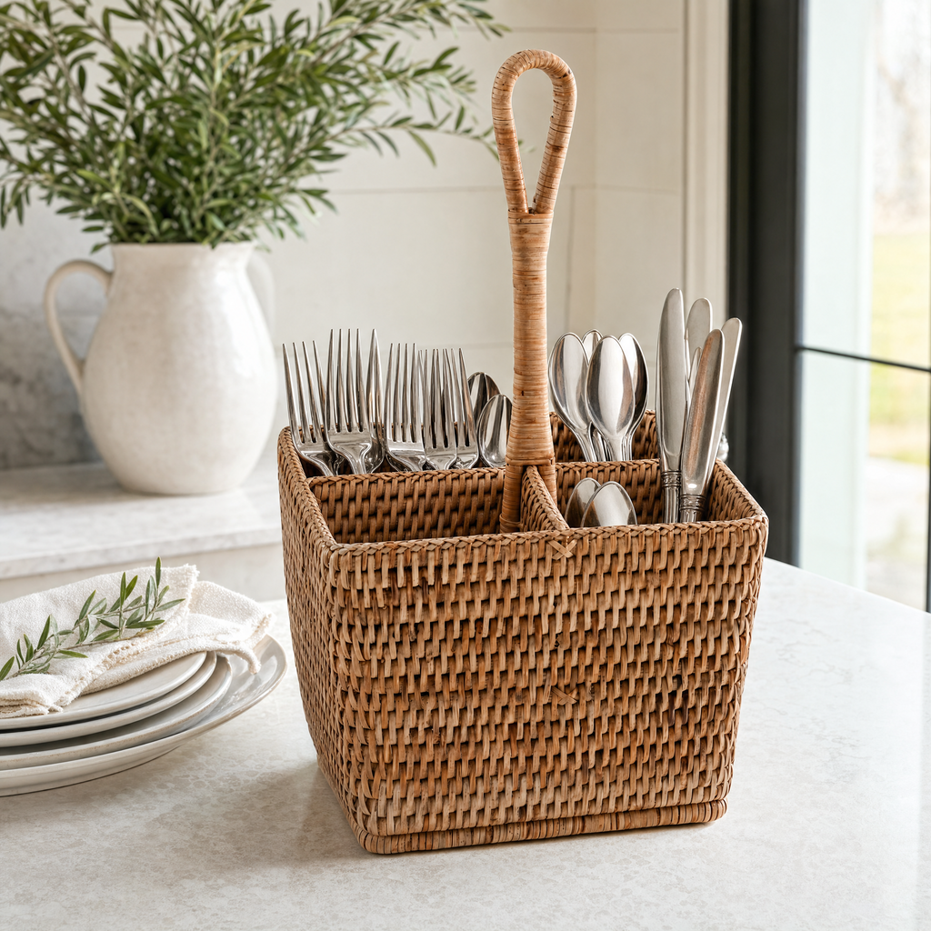 Hand Woven Rattan Wicker Flatware Caddy