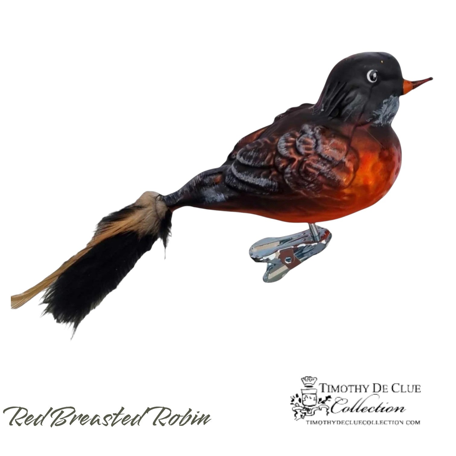 Red Breasted Robin Clip Bird feather Tail- Hand Blown Glass Christmas Ornament | Made in Germany