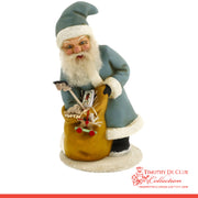 Blue Santa Candy Container, German paper mache with white beard, holding fish and gold sack