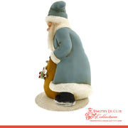 Blue Santa Candy Container, German paper mache with white fleece trim, holding golden toy drum