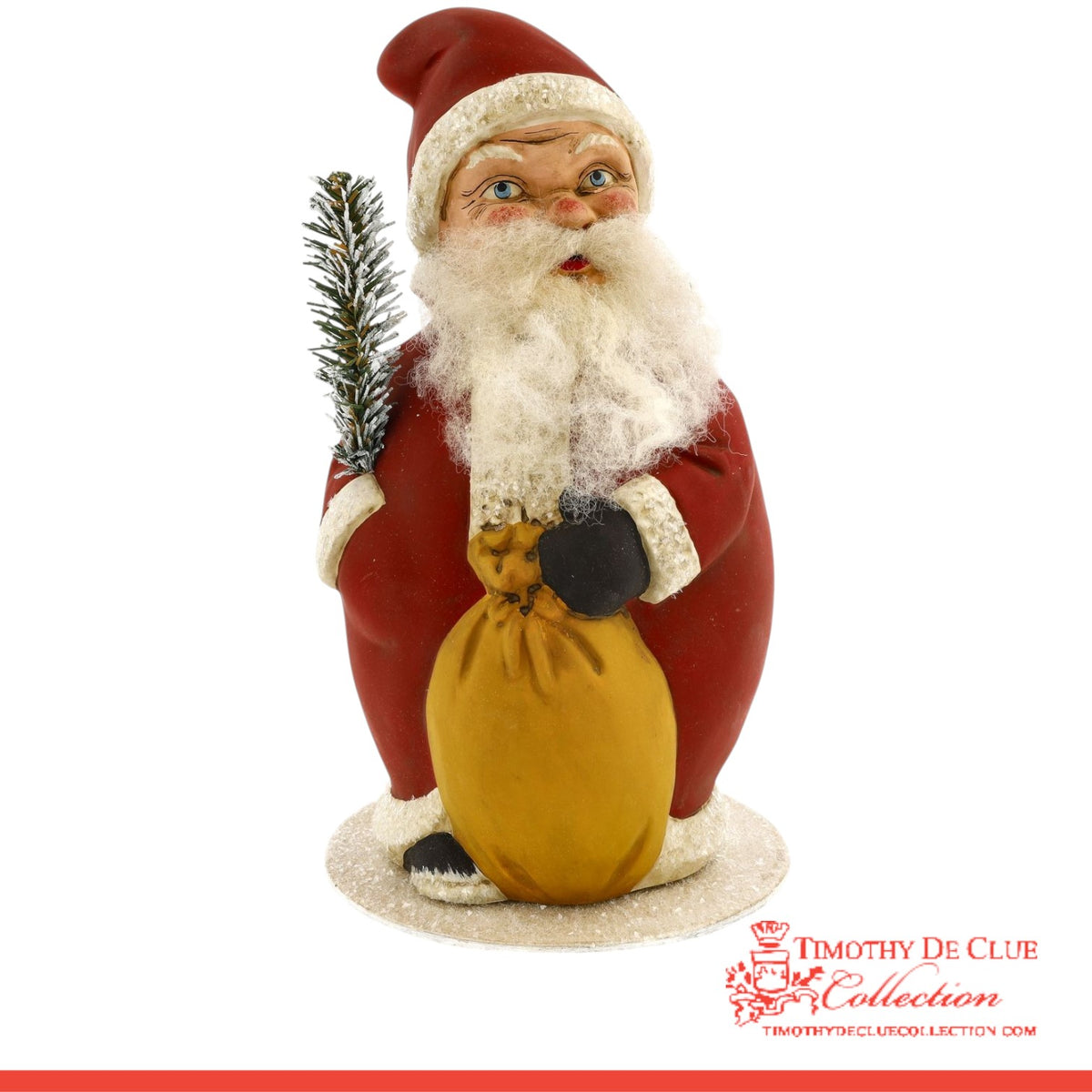 Chubby Santa Candy Container with red coat, white beard, yellow belly, holding evergreen branch